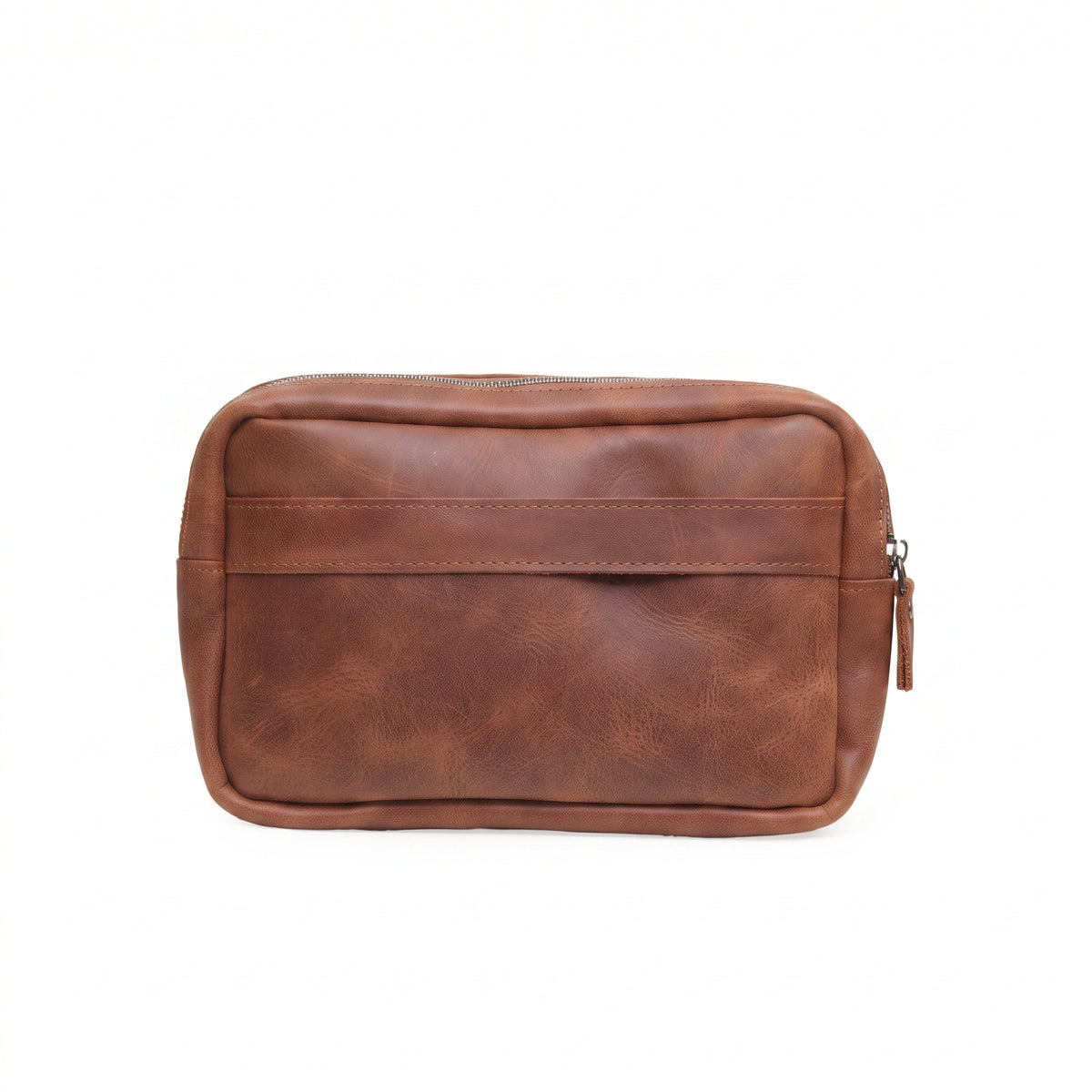 Nolen handcrafted brown Crazy Horse leather hand clutch bag held in hands with debossed logo - Yubello