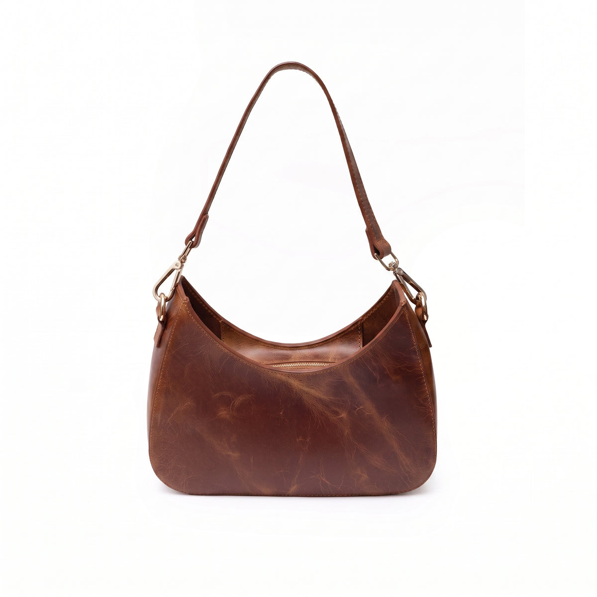Norelle handcrafted brown Crazy Horse leather crescent shoulder bag front view - Yubello