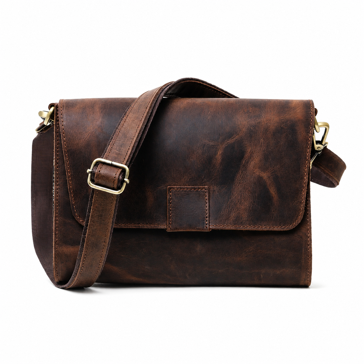 Novan handcrafted dark brown leather compact messenger bag crossbody purse front view - Yubello