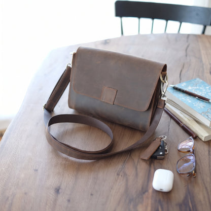 Novan handcrafted dark brown leather compact messenger bag crossbody purse front view - Yubello