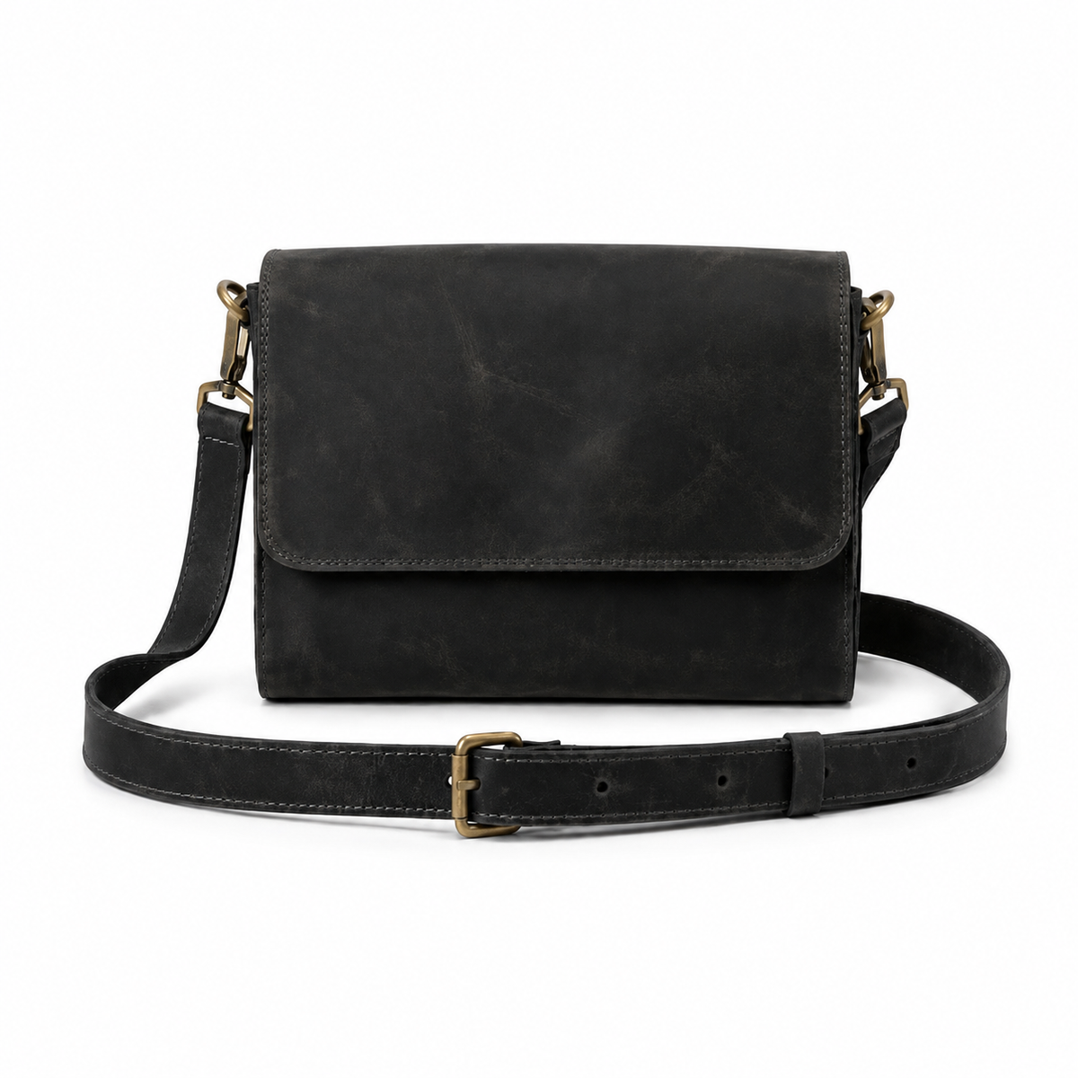 Novan handcrafted black leather compact messenger bag crossbody purse front view - Yubello