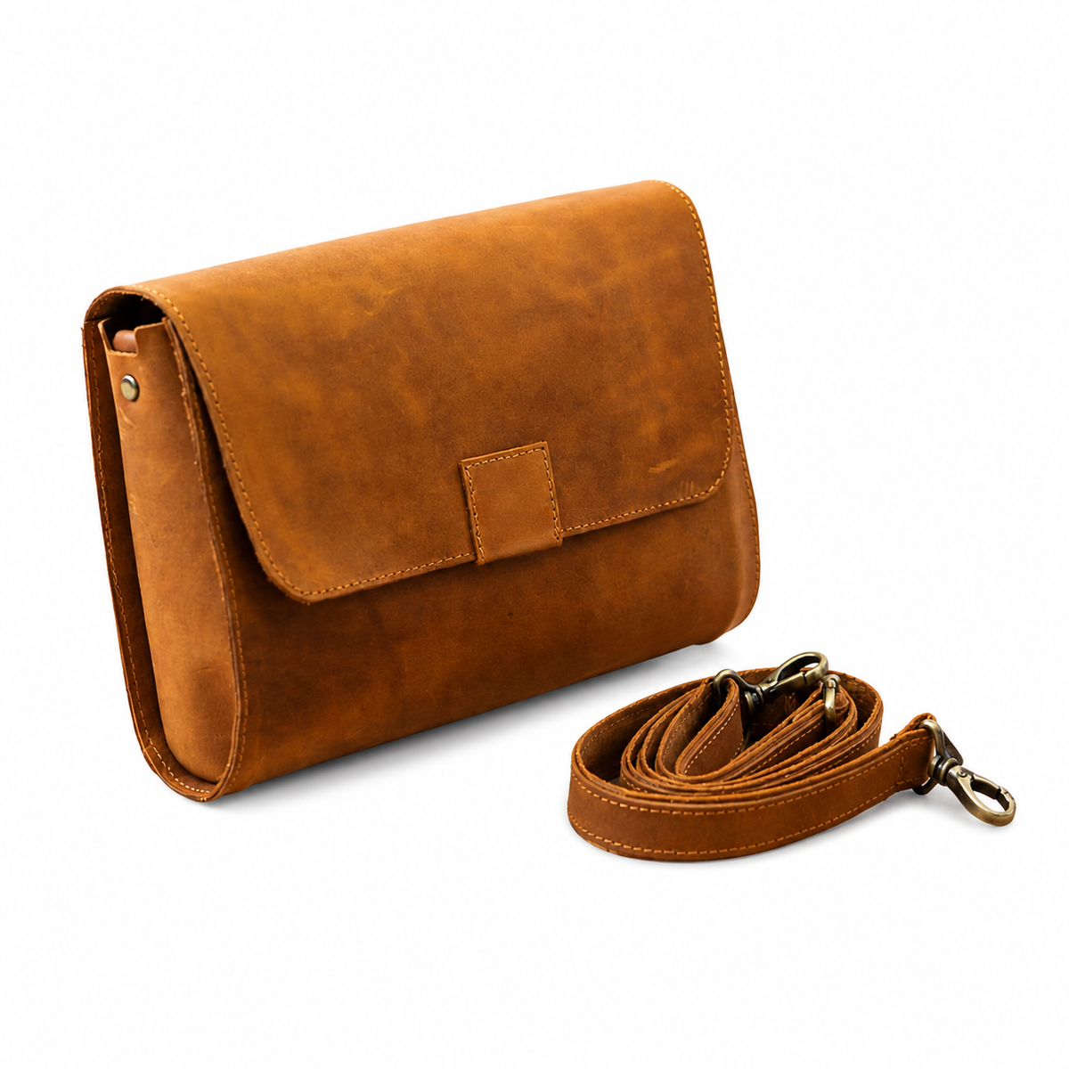 Novan handcrafted tan leather compact messenger bag crossbody purse front view - Yubello