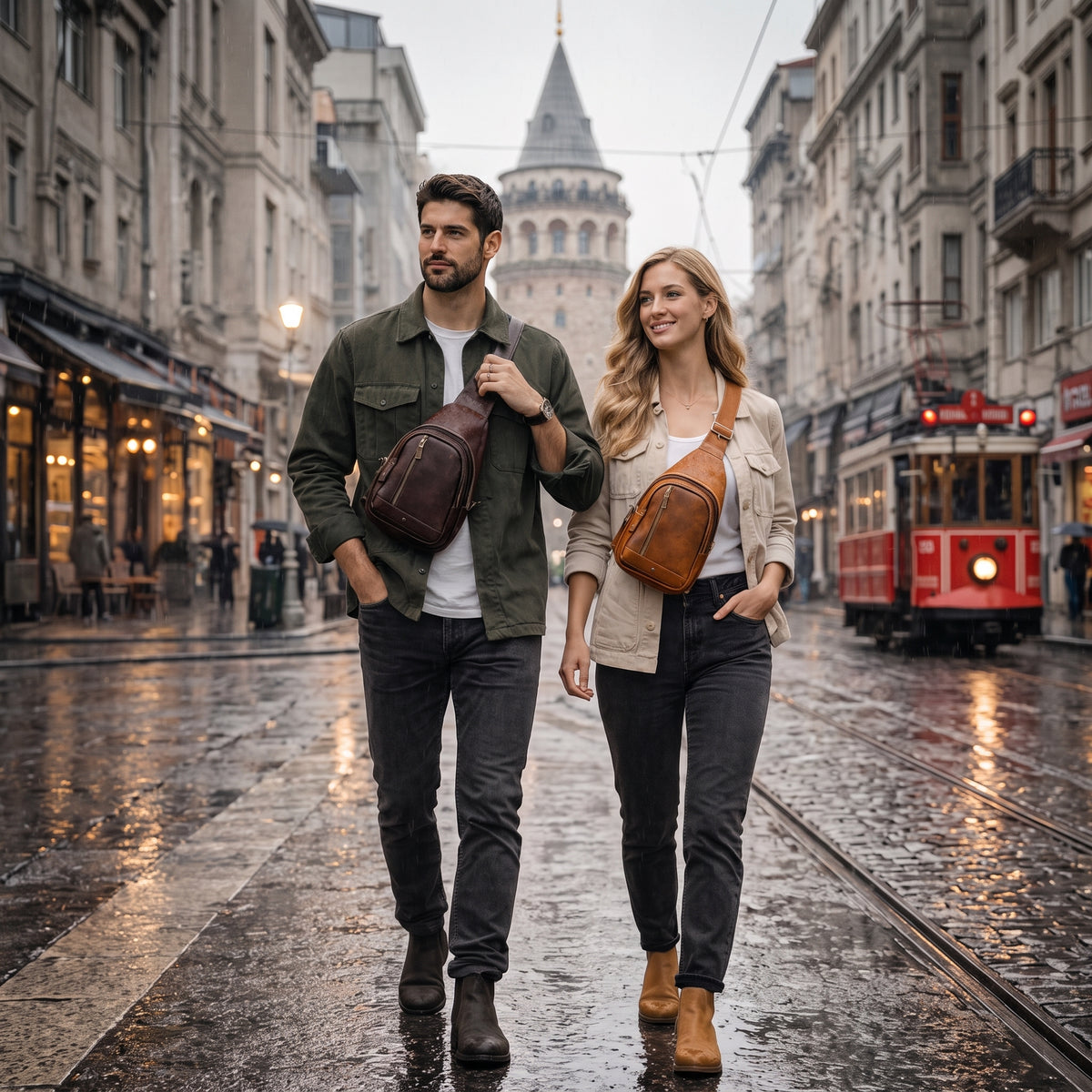 Orvik handcrafted tan brown leather teardrop sling bag multi-zip chest backpack front view - Yubello