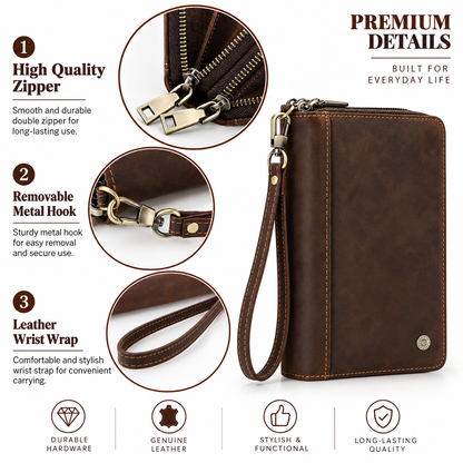 Branor Handcrafted Leather Double-Zip Long Clutch Wallet – Large Capacity Phone Wristlet Organizer