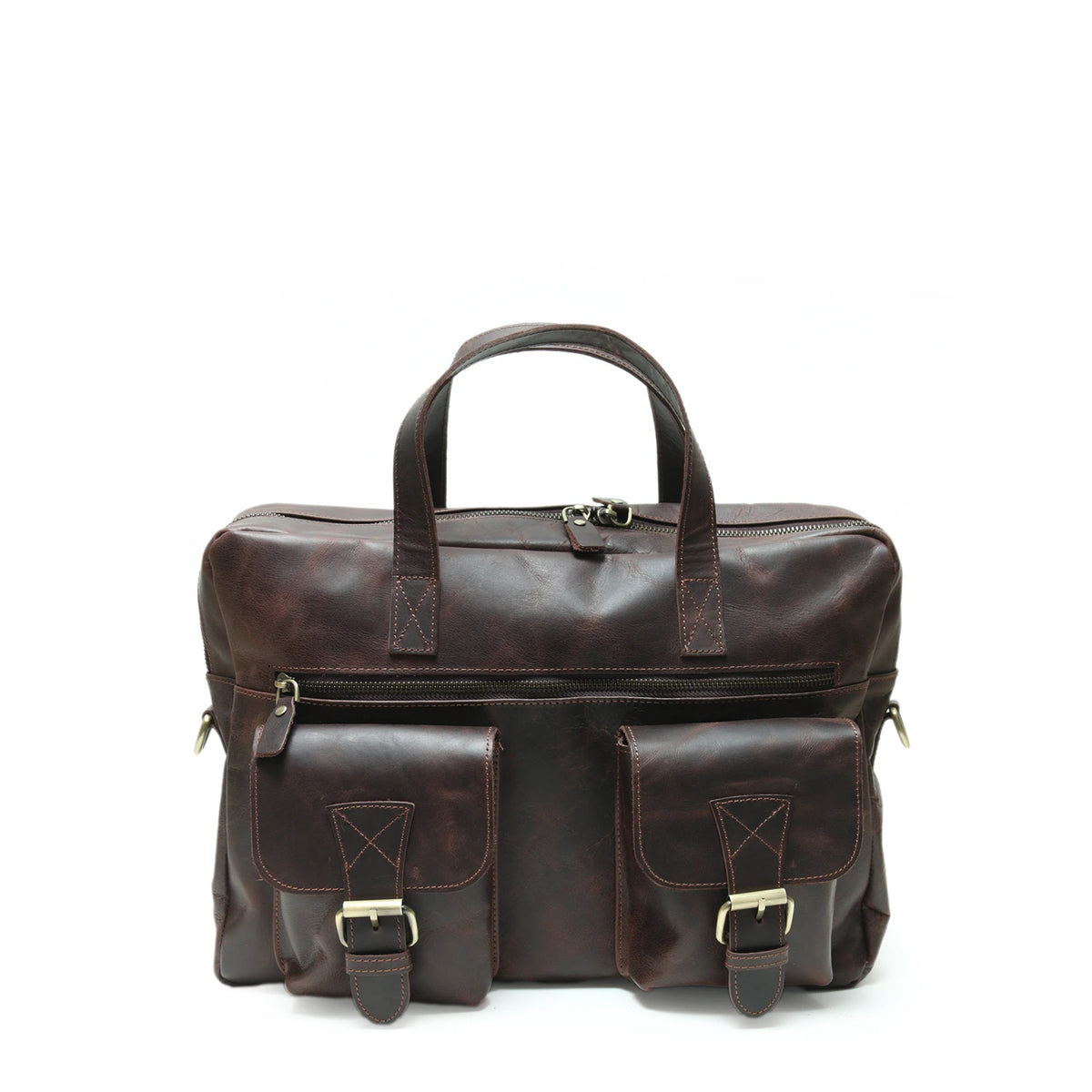 Ridgemont handcrafted chestnut leather briefcase multi-pocket laptop messenger bag front view - Yubello