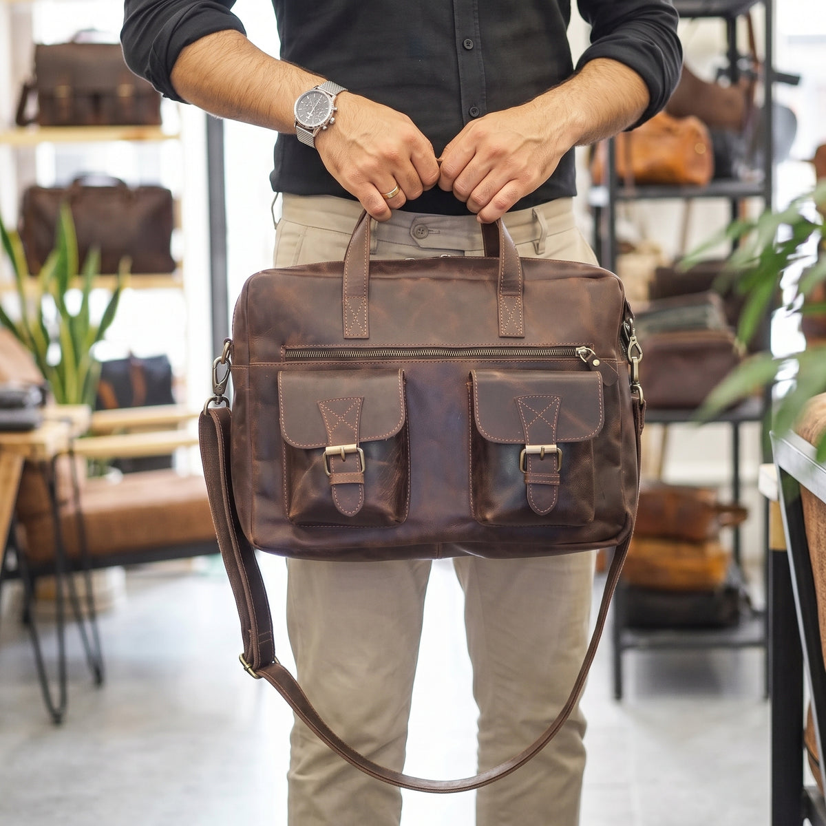 Ridgemont handcrafted tan brown leather briefcase multi-pocket laptop messenger bag front view - Yubello