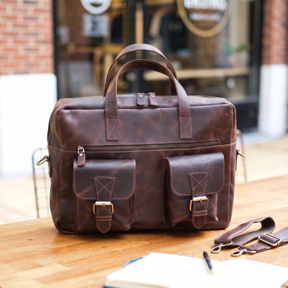 Ridgemont handcrafted tan brown leather briefcase multi-pocket laptop messenger bag front view - Yubello