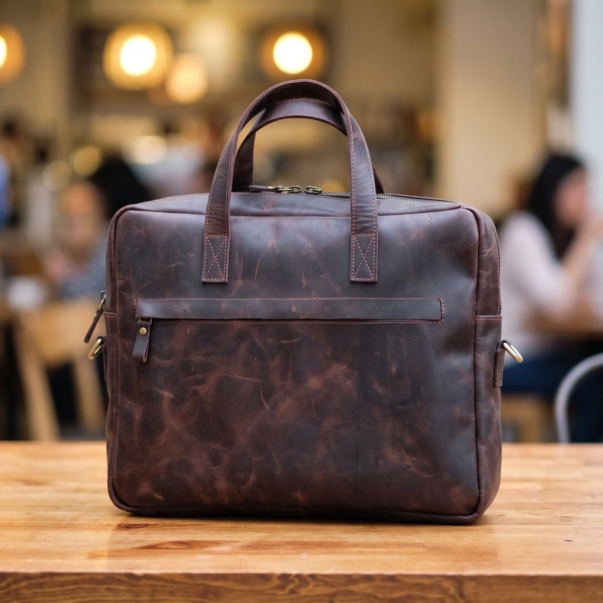 Ridgemont handcrafted tan brown leather briefcase multi-pocket laptop messenger bag front view - Yubello