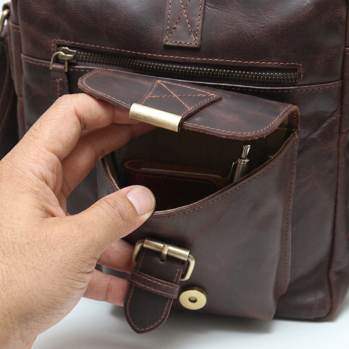 Ridgemont handcrafted tan brown leather briefcase multi-pocket laptop messenger bag front view - Yubello