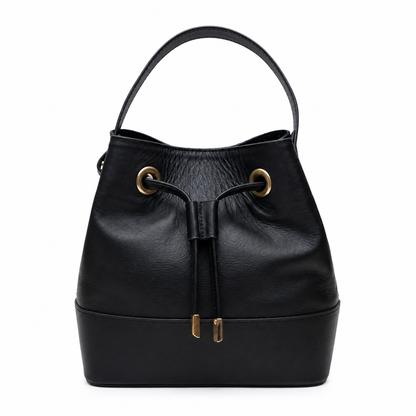 Savelle handcrafted black leather bucket bag drawstring crossbody purse front view - Yubello