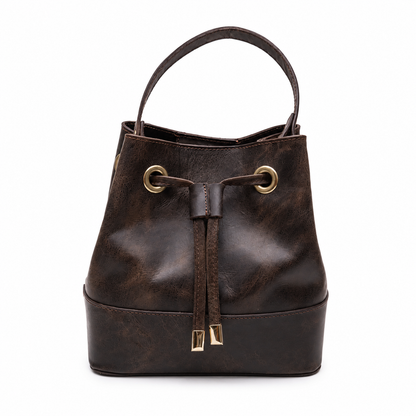 Savelle handcrafted chestnut leather bucket bag drawstring crossbody purse front view - Yubello