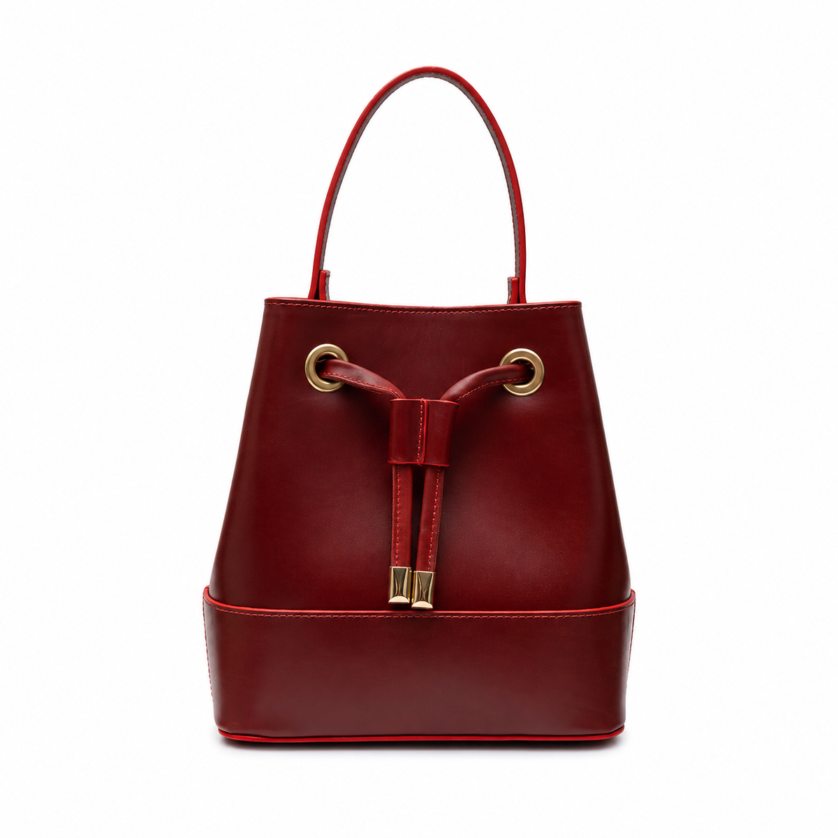 Savelle handcrafted red leather bucket bag drawstring crossbody purse front view - Yubello