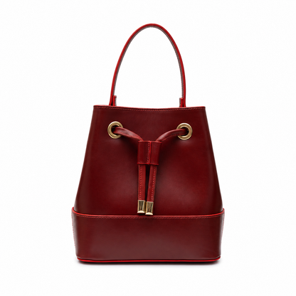 Savelle handcrafted red leather bucket bag drawstring crossbody purse front view - Yubello