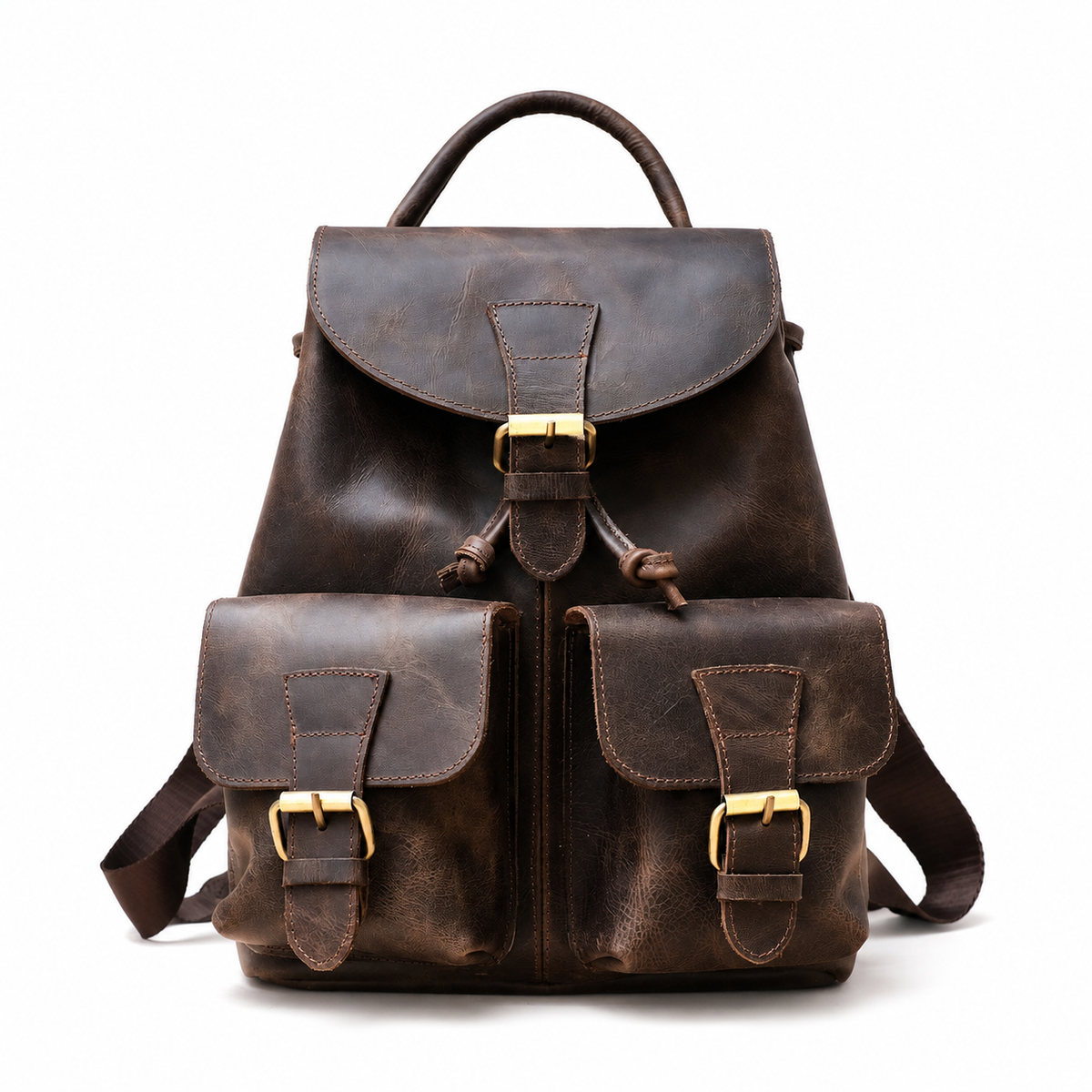 Soline handcrafted chestnut leather backpack vintage rucksack street style on model - Yubello