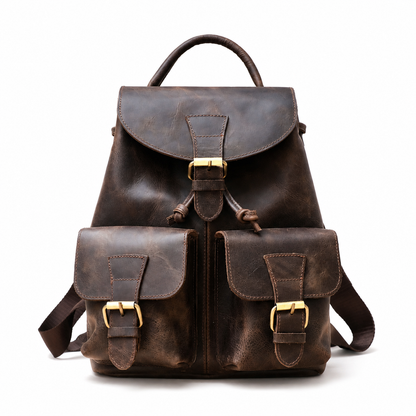 Soline handcrafted chestnut leather backpack vintage rucksack street style on model - Yubello