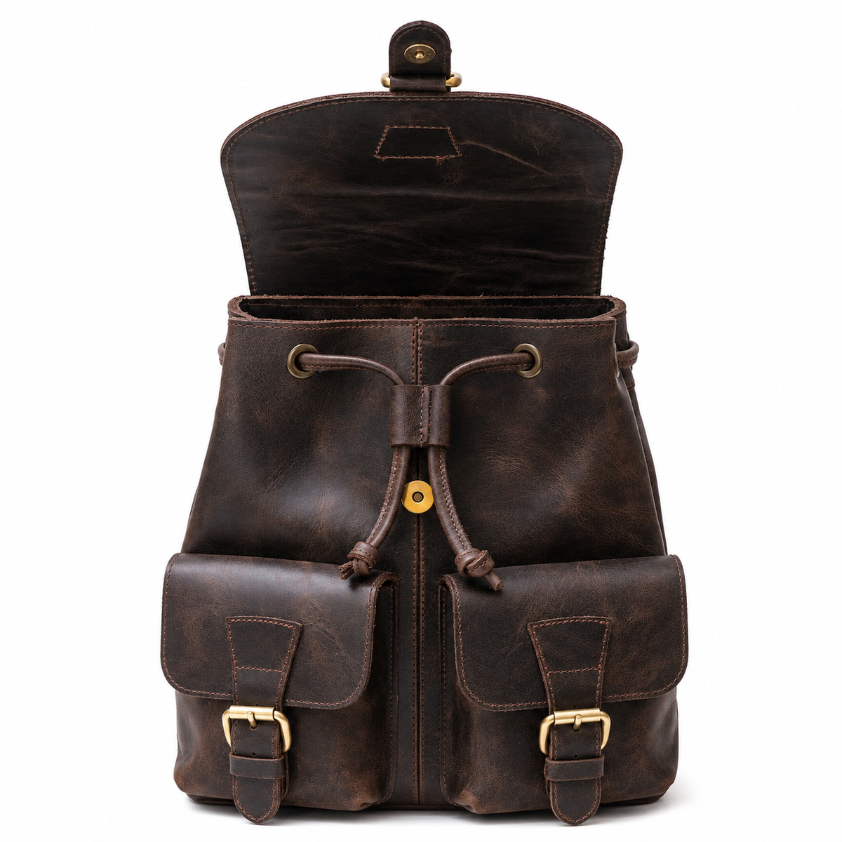 Soline handcrafted chestnut leather backpack vintage rucksack street style on model - Yubello