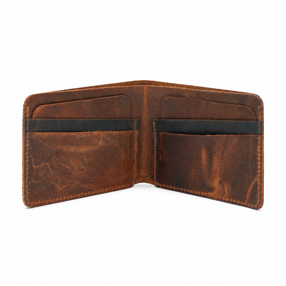 Sterling handcrafted slim leather bifold wallets open and closed in tan black and dark brown - Yubello