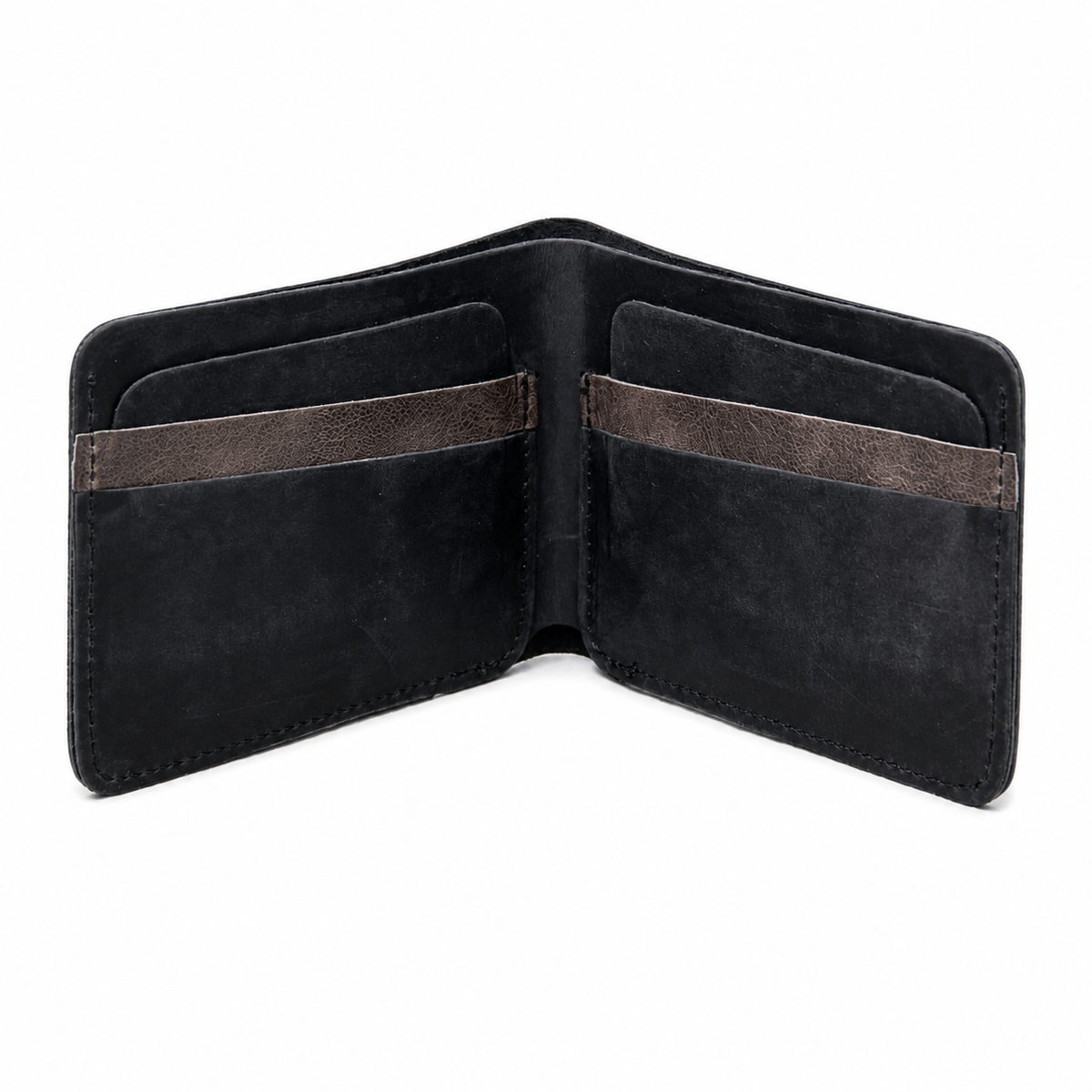 Sterling handcrafted slim leather bifold wallets open and closed in tan black and dark brown - Yubello