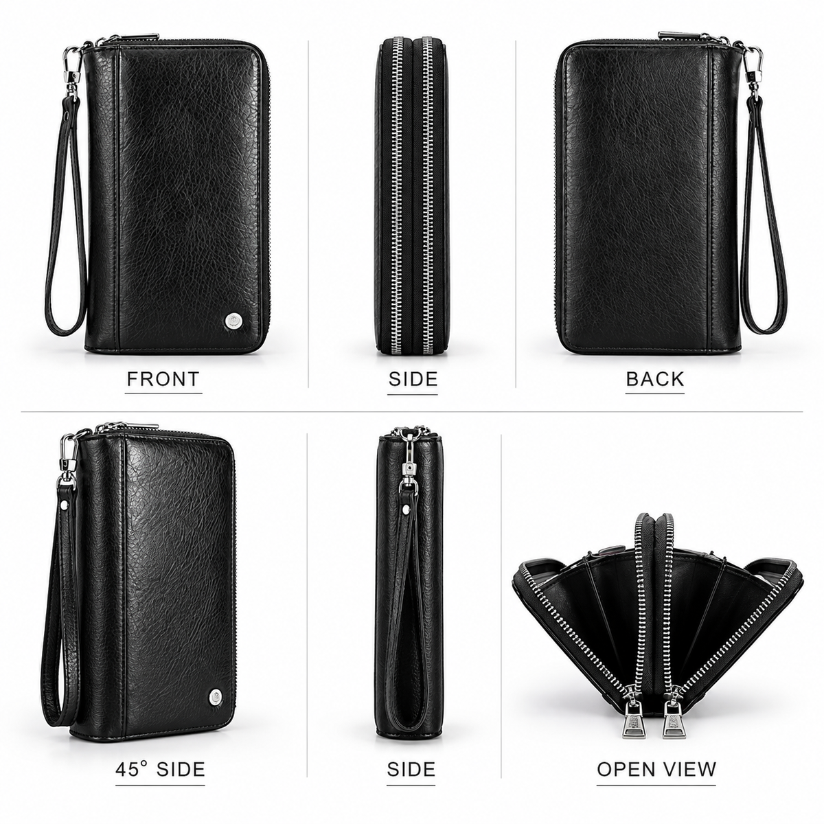Branor Handcrafted Crazy Horse Leather Double Zipper Clutch Wallet with Wristlet