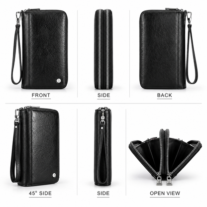 Branor Handcrafted Crazy Horse Leather Double Zipper Clutch Wallet with Wristlet