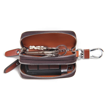 Linea Genuine Leather Double Zipper Key Case Wallet with Carabiner Clip