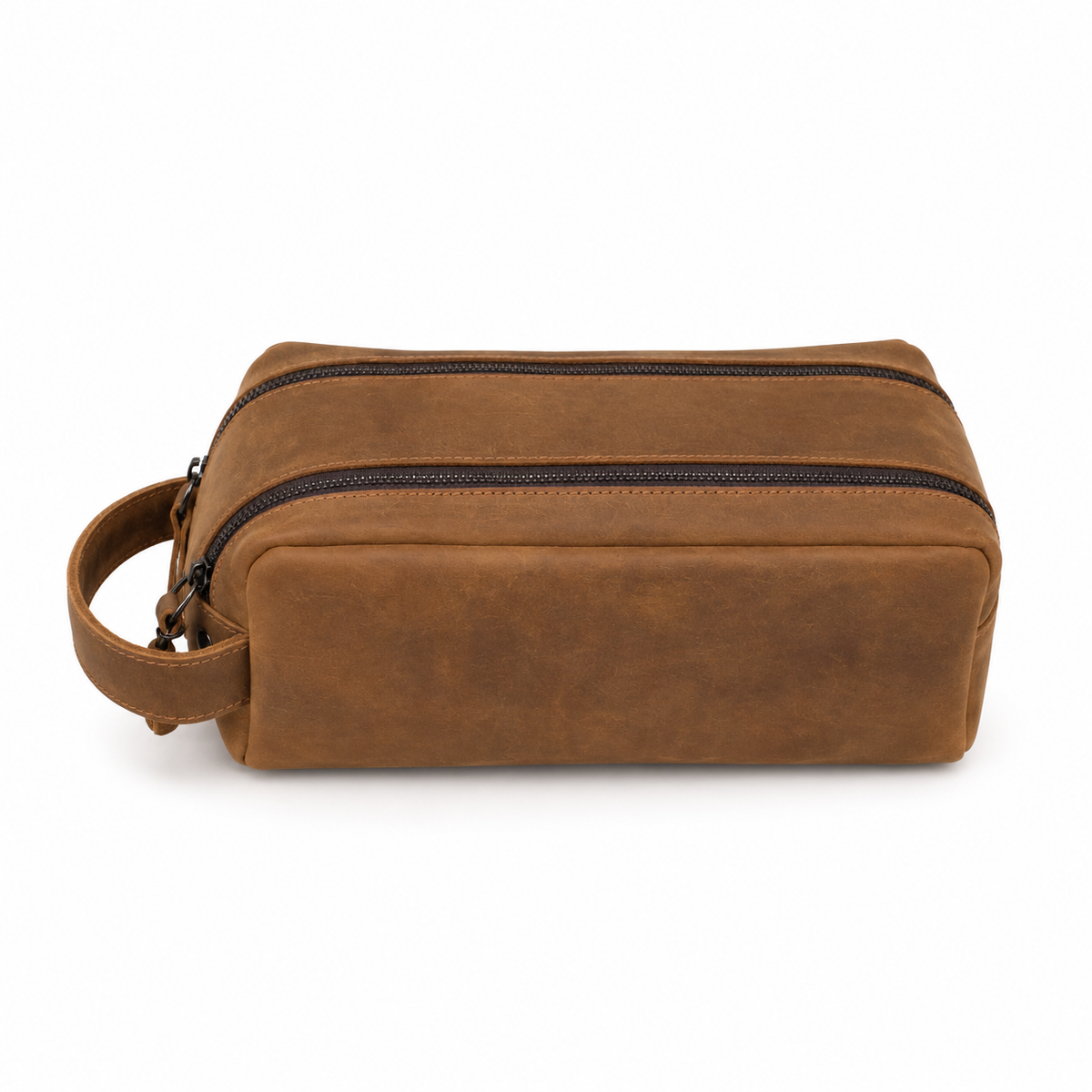 Thorne handcrafted tan brown Crazy Horse leather double zip dopp kit toiletry bag front view - Yubello