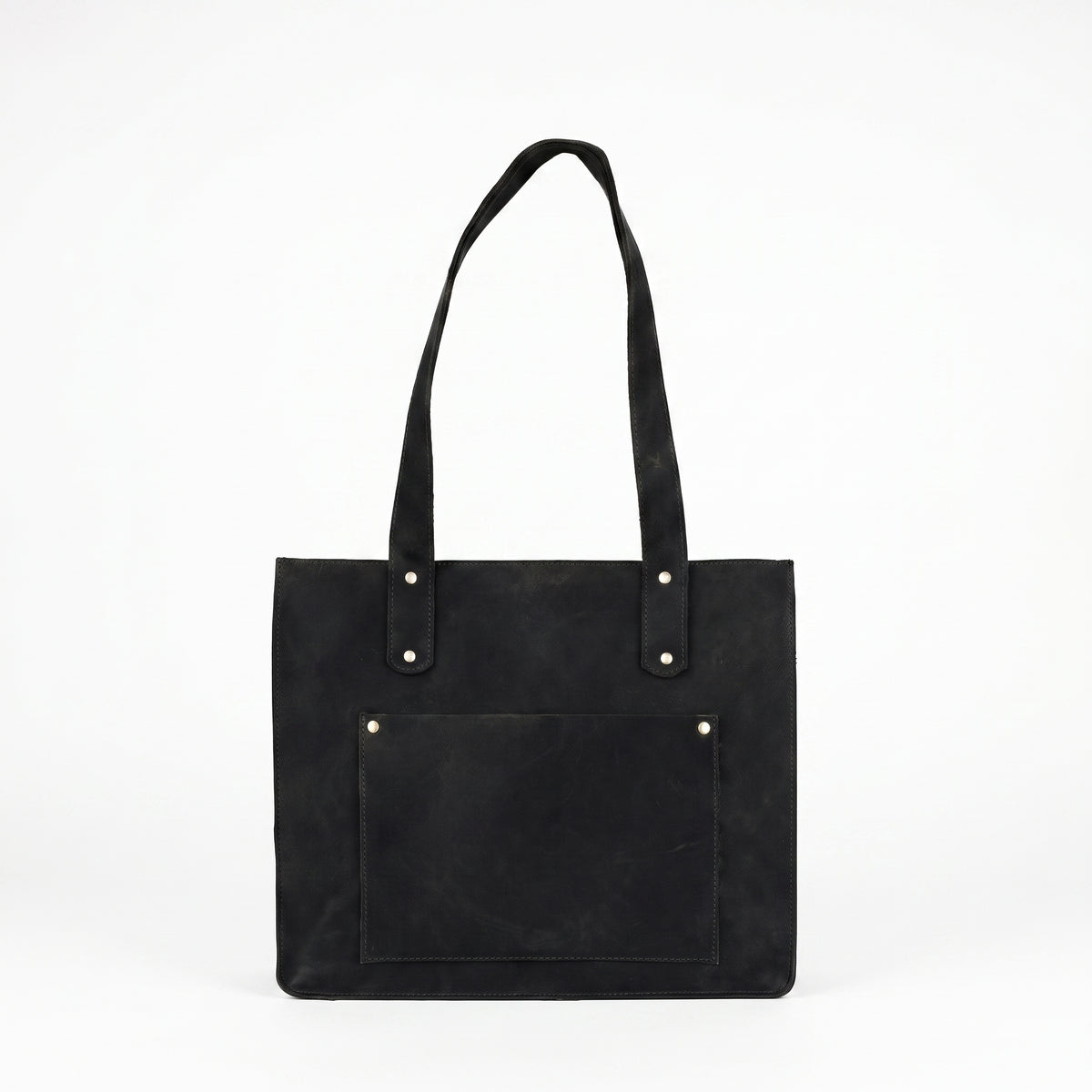 Torvella handcrafted black Crazy Horse leather tote bag front view with pocket - Yubello