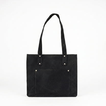 Torvella handcrafted black Crazy Horse leather tote bag front view with pocket - Yubello