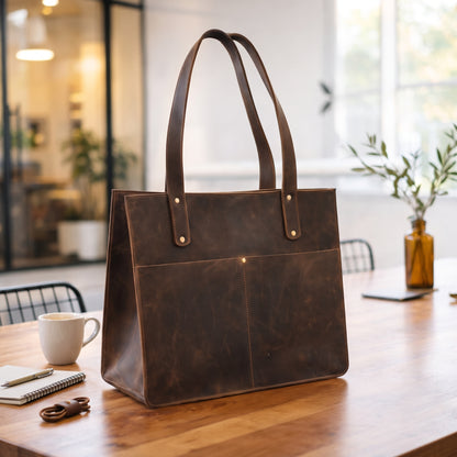Torvella handcrafted brown Crazy Horse leather tote bag front view with pocket - Yubello