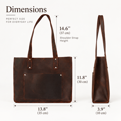 Torvella handmade brown Crazy Horse leather tote bag – dimensions – Yubello