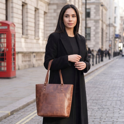 Woman carrying Valdoria brown leather shoulder tote bag street style