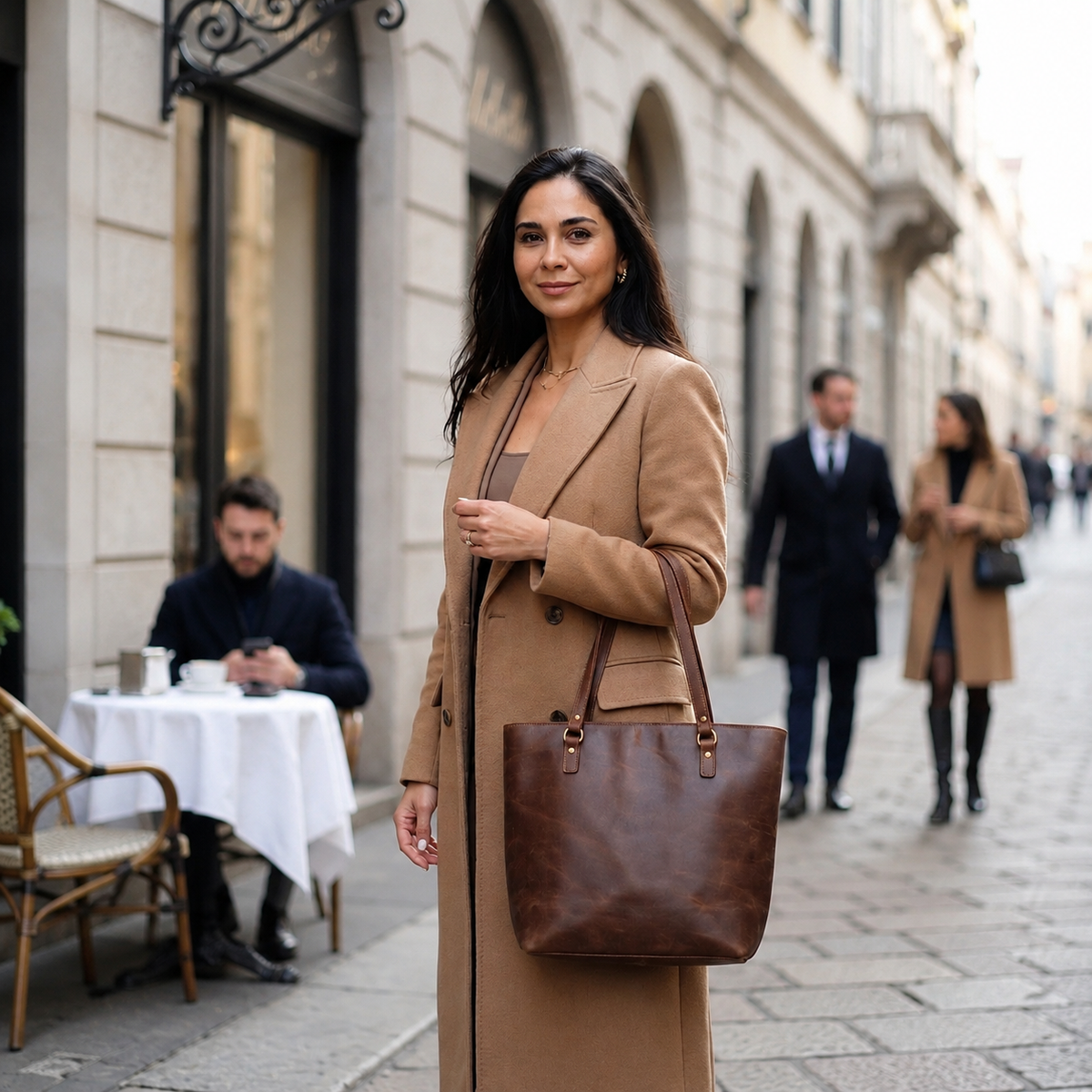 Woman carrying Valdoria brown leather shoulder tote bag street style
