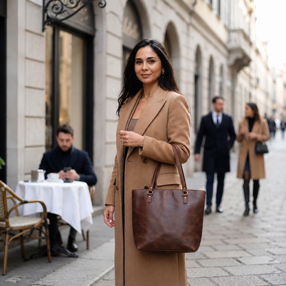 Woman carrying Valdoria brown leather shoulder tote bag street style