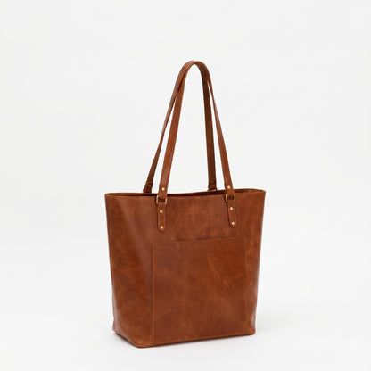 Valdoria handcrafted brown leather tote bag front view - Yubello