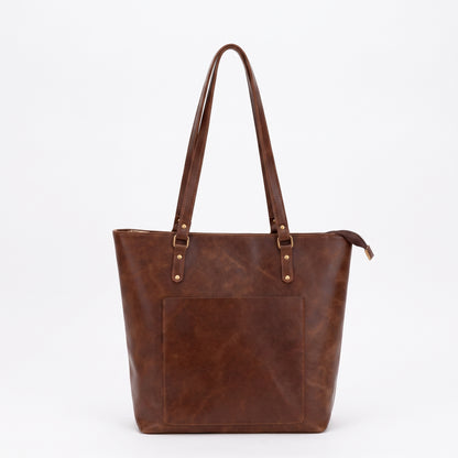 Valdoria handmade chestnut leather shoulder bag - front view - Yubello