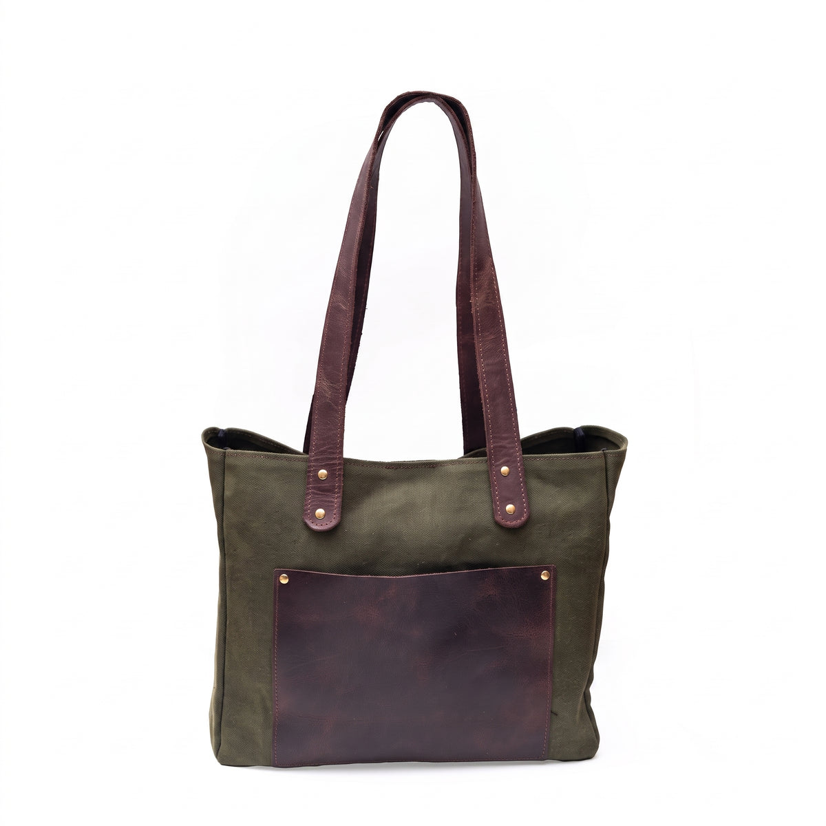 Verdelle handcrafted olive green canvas and brown leather tote bag front view - Yubello