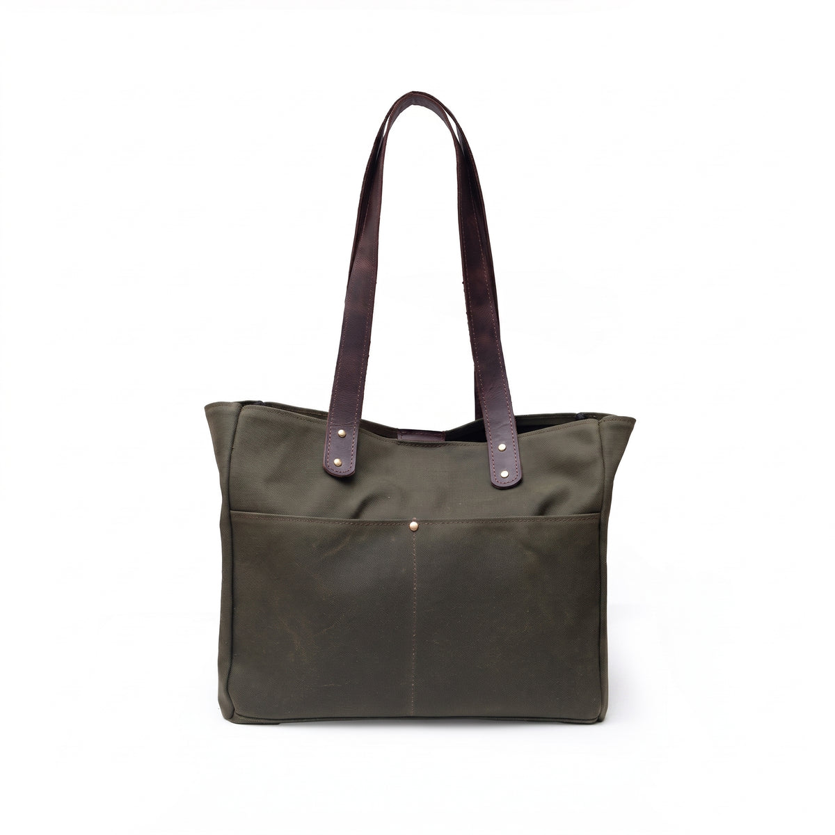 Verdelle handcrafted olive green canvas and brown leather tote bag front view - Yubello