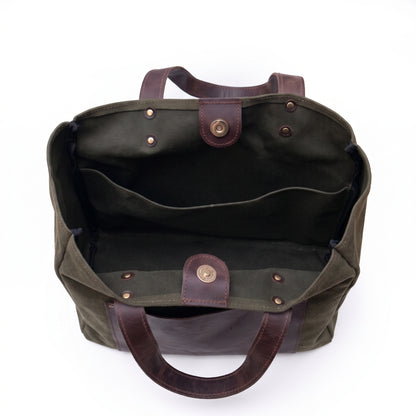 Verdelle handcrafted olive green canvas and brown leather tote bag front view - Yubello
