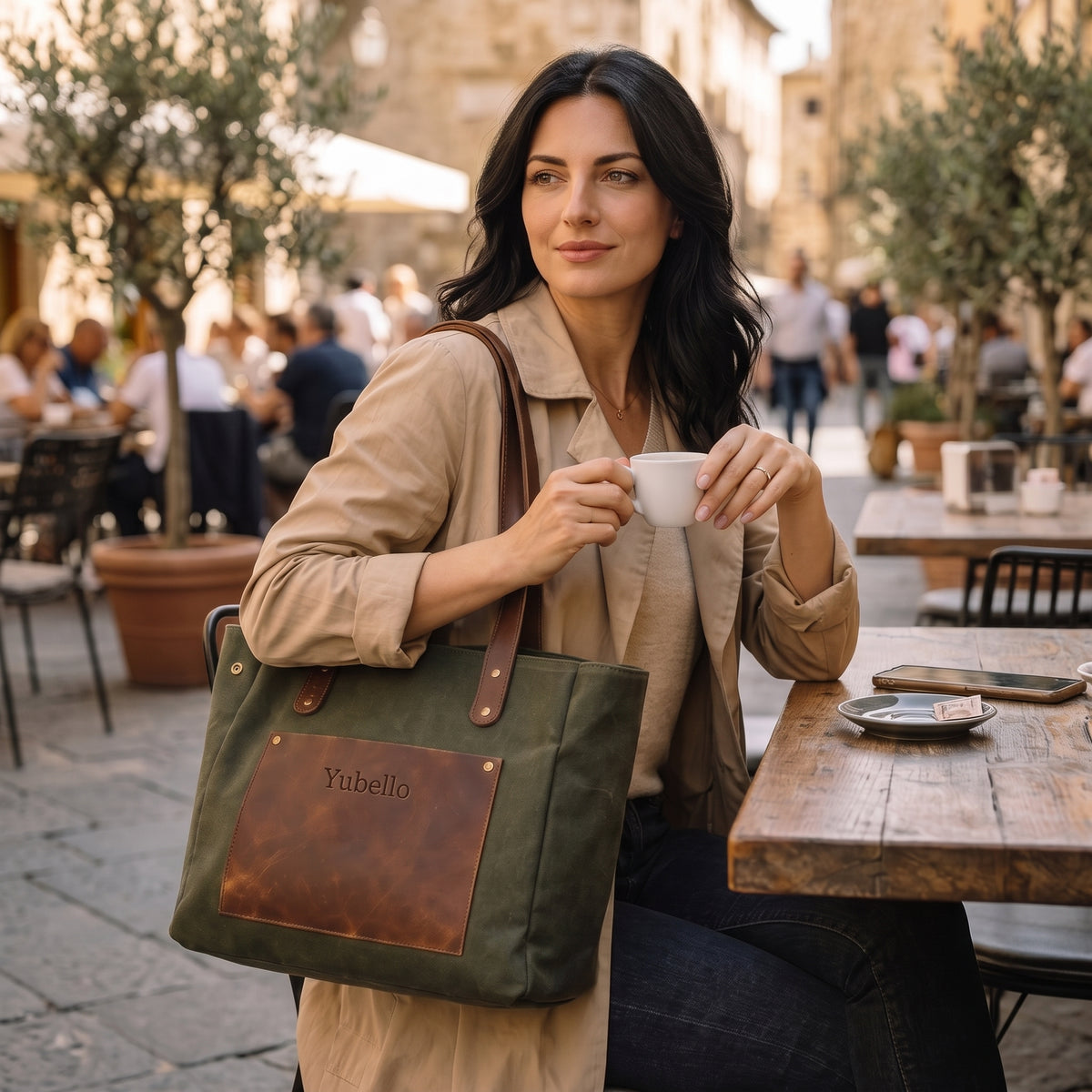 Verdelle handcrafted olive green canvas and brown leather tote bag front view - Yubello