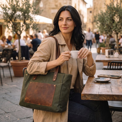 Verdelle handcrafted olive green canvas and brown leather tote bag front view - Yubello