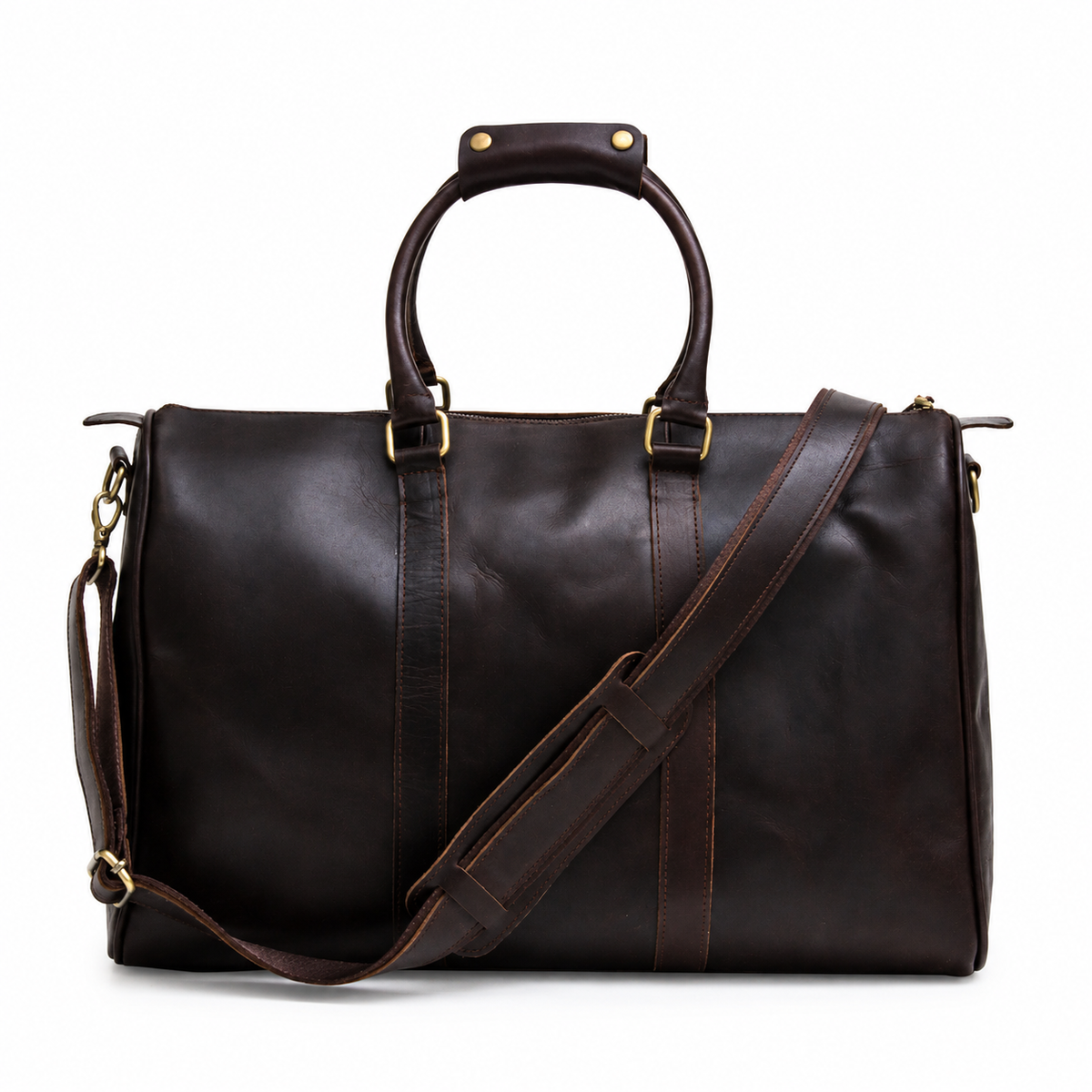 Vespera handcrafted chestnut leather travel duffle bag weekender side view - Yubello