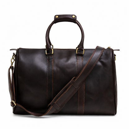 Vespera handcrafted chestnut leather travel duffle bag weekender side view - Yubello