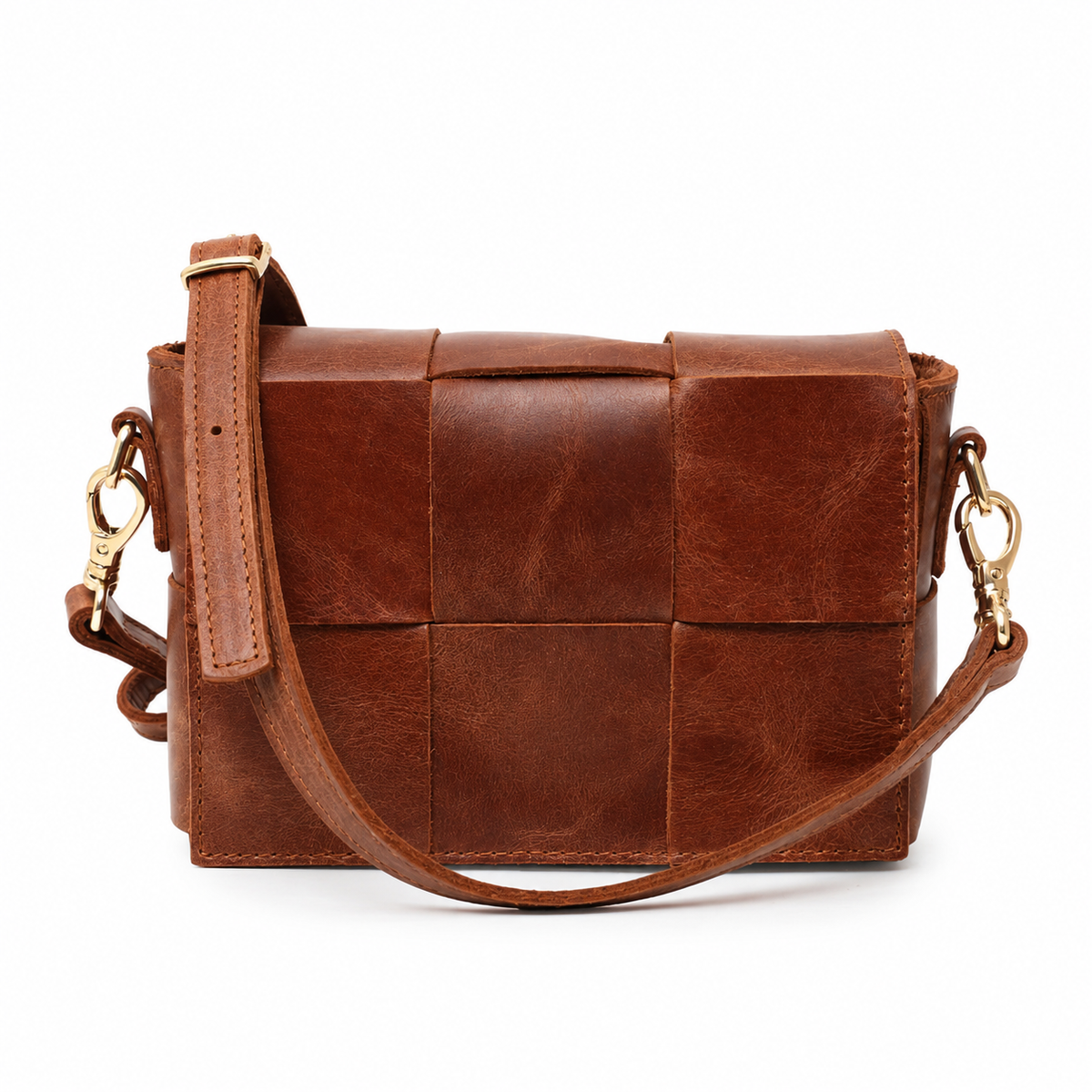Vetra handcrafted woven brown leather crossbody flap bag front view - Yubello