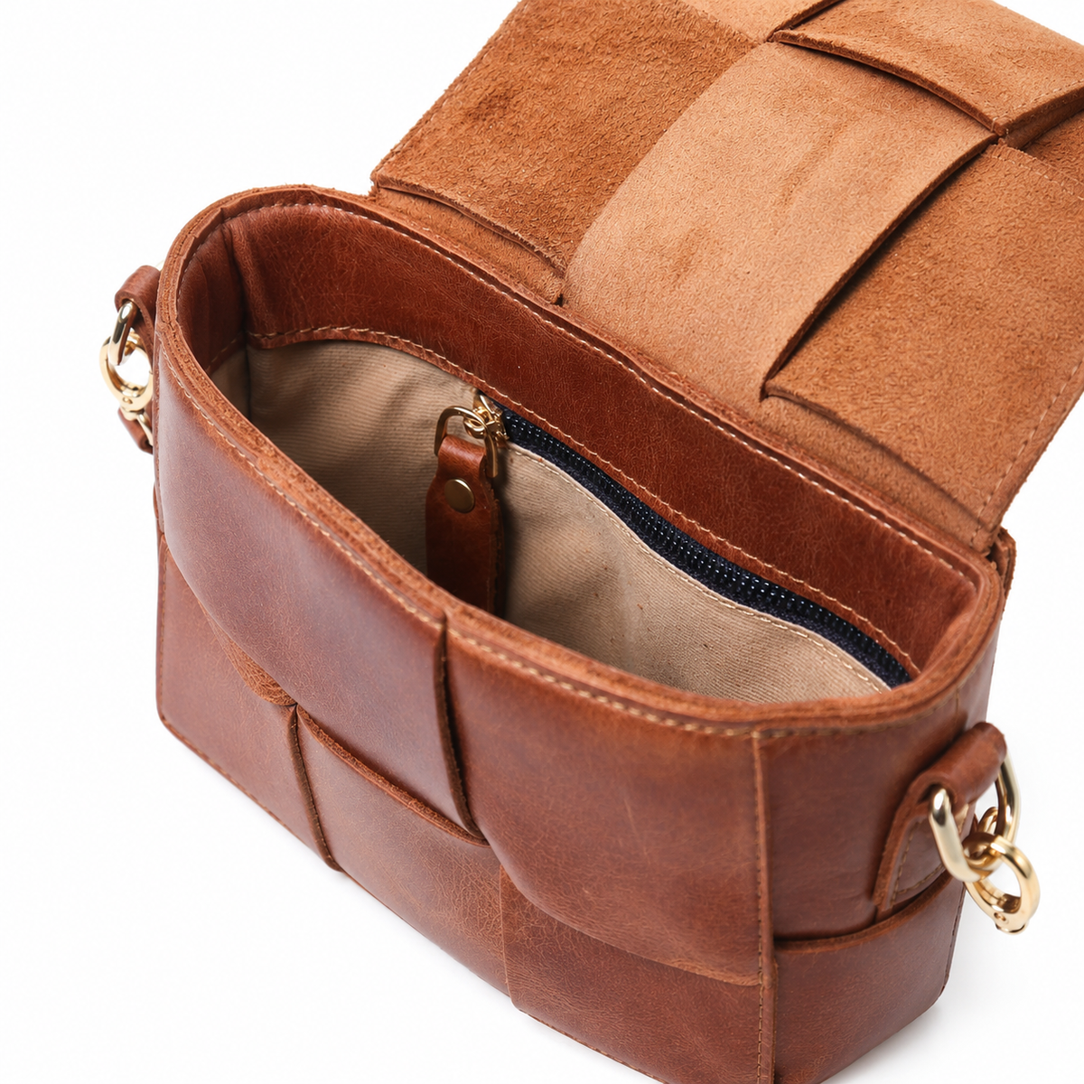 Vetra handcrafted woven brown leather crossbody flap bag front view - Yubello