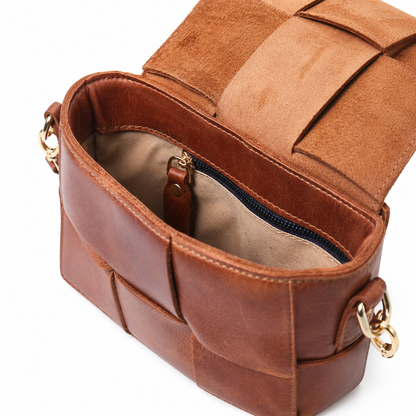 Vetra handcrafted woven brown leather crossbody flap bag front view - Yubello